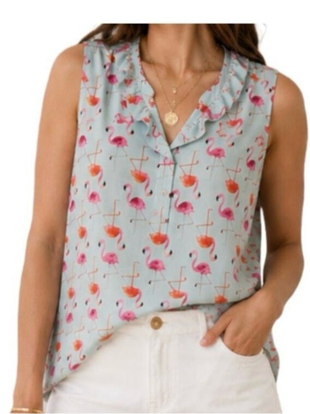 Mud Pie Light Blue Flamingo Print Ruffle V-Neck Blouse Sz M